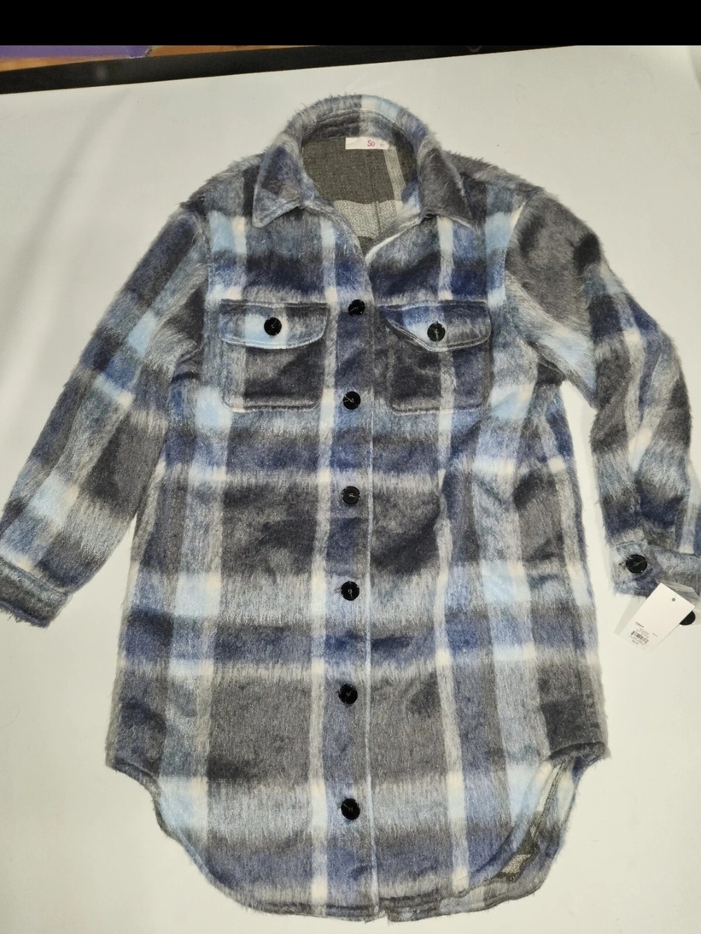 SO Plaid Button-Down Shacket in Blue, Gray & White Oversized